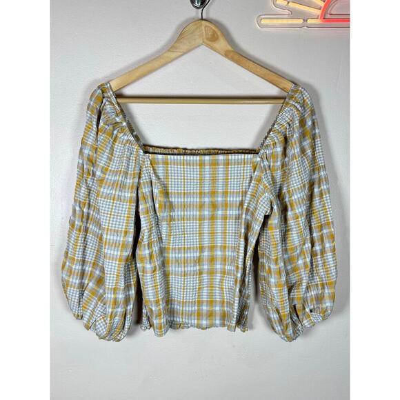 Maeve plaid square neck blouse neutral motif Cropped Puff Sleeve M Cottage Boho - Picture 4 of 11